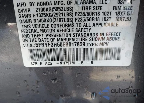 2014 Honda Pilot Ex-L from USA, damaged, VIN 5FNYF3H50EB017859